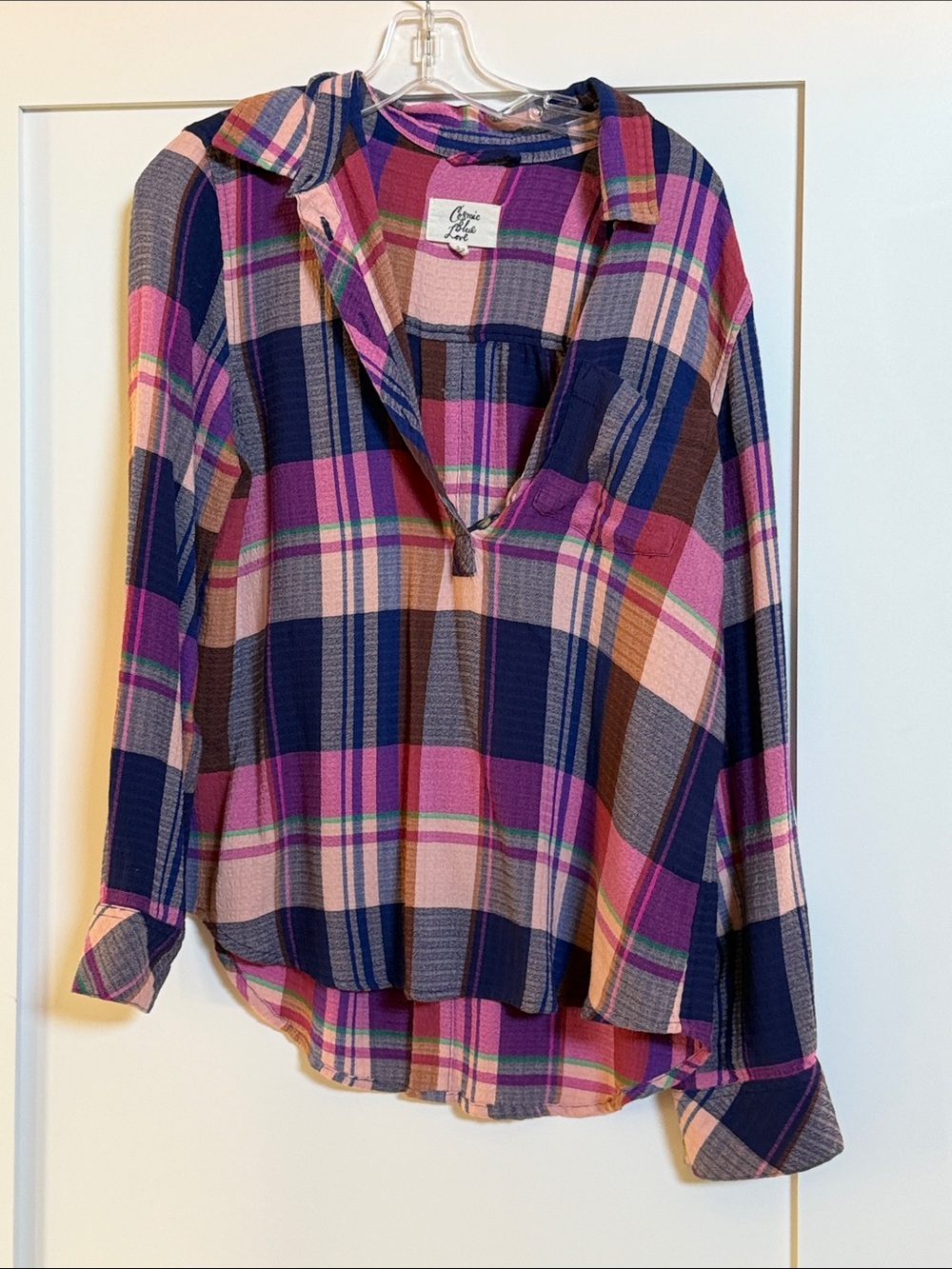 Relaxed Plaid Button-Down Shirt in Pink & Navy